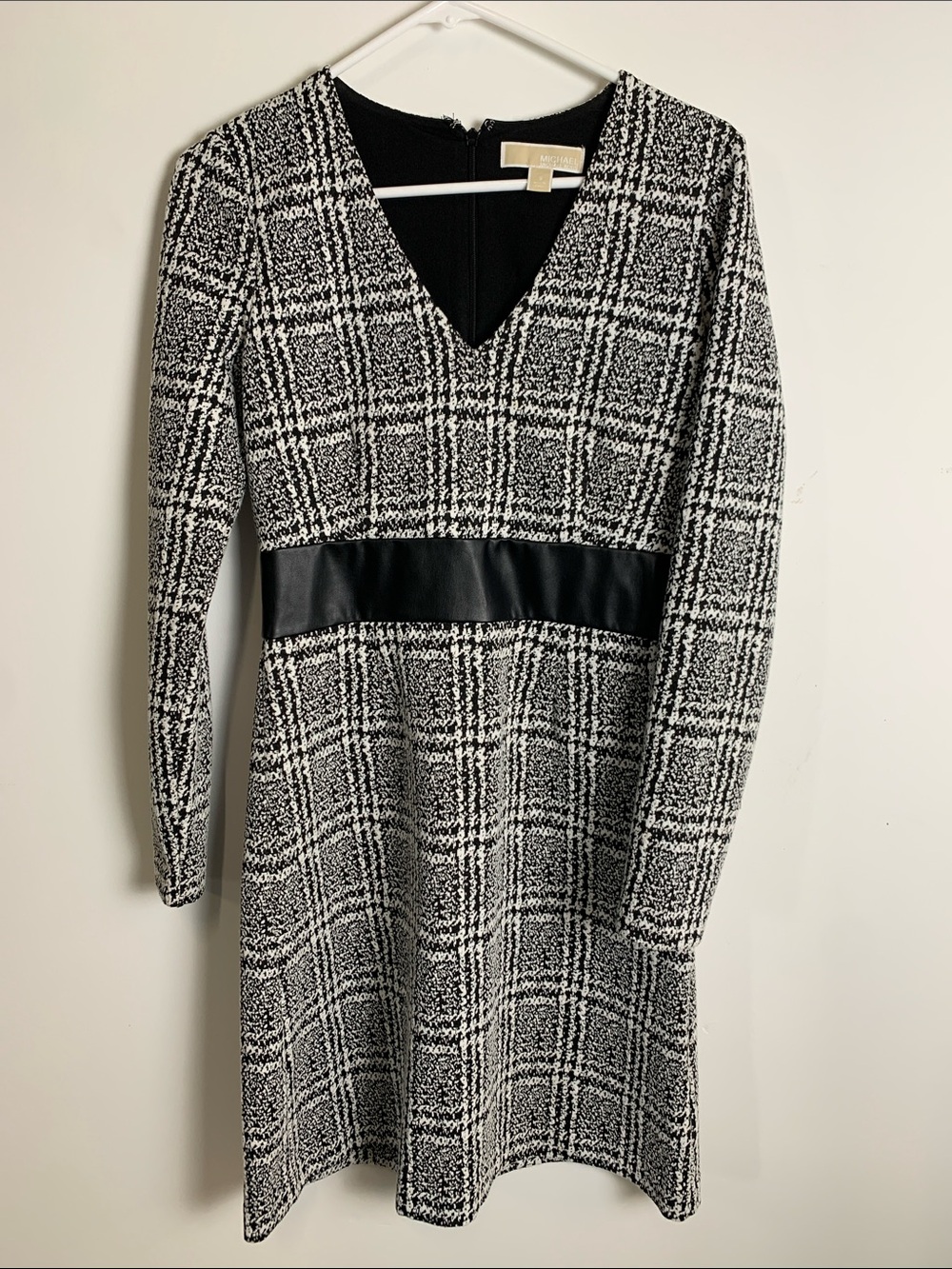 Michael Kors Black and White Plaid V-Neck Midi Dress with Faux Leather Waistband
